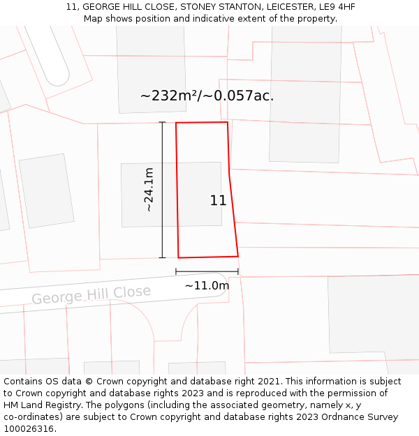 11, GEORGE HILL CLOSE, STONEY STANTON, LEICESTER, LE9 4HF: Plot and title map