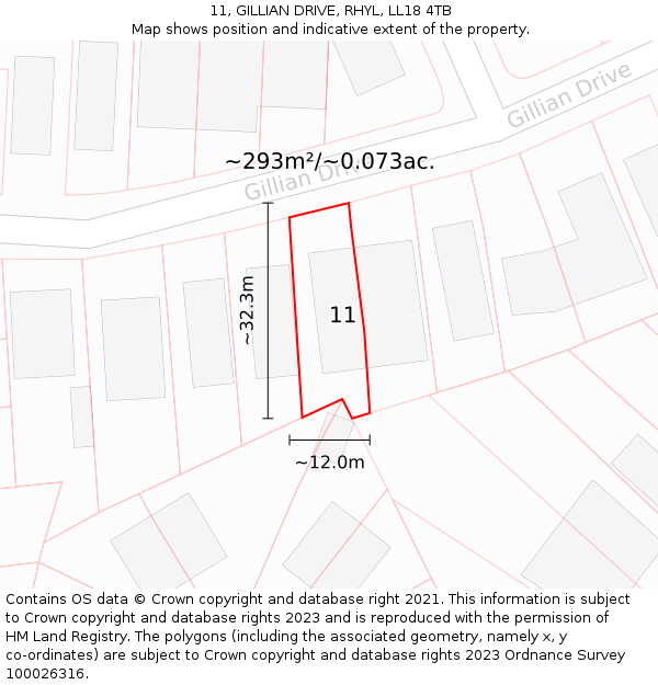 11, GILLIAN DRIVE, RHYL, LL18 4TB: Plot and title map