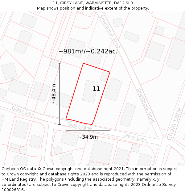 11, GIPSY LANE, WARMINSTER, BA12 9LR: Plot and title map
