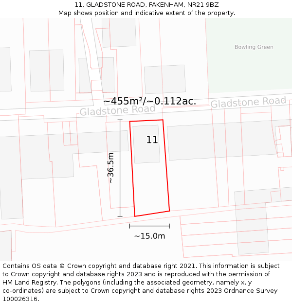 11, GLADSTONE ROAD, FAKENHAM, NR21 9BZ: Plot and title map