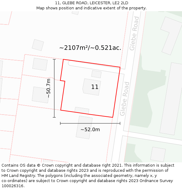 11, GLEBE ROAD, LEICESTER, LE2 2LD: Plot and title map