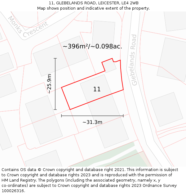 11, GLEBELANDS ROAD, LEICESTER, LE4 2WB: Plot and title map