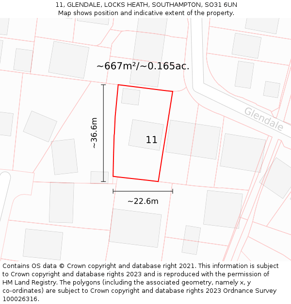 11, GLENDALE, LOCKS HEATH, SOUTHAMPTON, SO31 6UN: Plot and title map