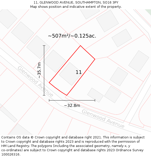 11, GLENWOOD AVENUE, SOUTHAMPTON, SO16 3PY: Plot and title map
