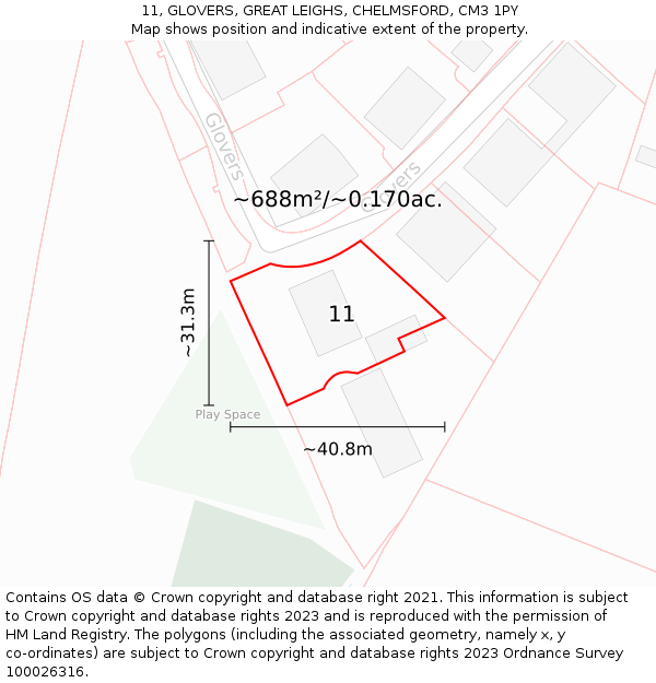 11, GLOVERS, GREAT LEIGHS, CHELMSFORD, CM3 1PY: Plot and title map