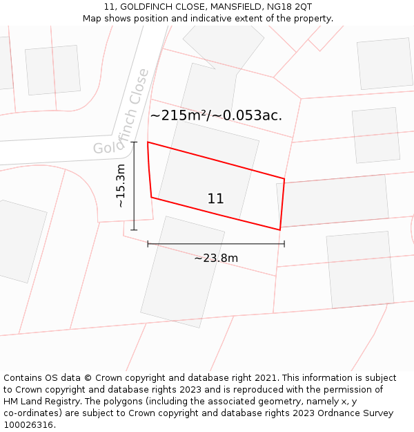 11, GOLDFINCH CLOSE, MANSFIELD, NG18 2QT: Plot and title map