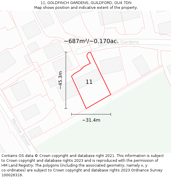 11, GOLDFINCH GARDENS, GUILDFORD, GU4 7DN: Plot and title map