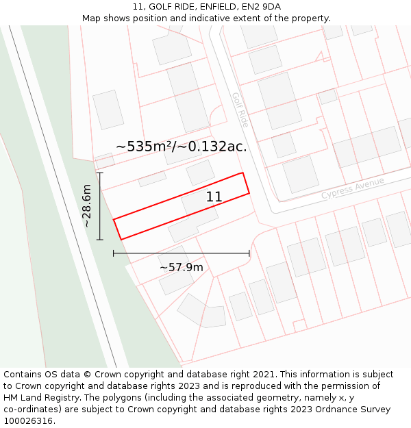 11, GOLF RIDE, ENFIELD, EN2 9DA: Plot and title map