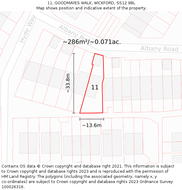 11, GOODMAYES WALK, WICKFORD, SS12 9BL: Plot and title map