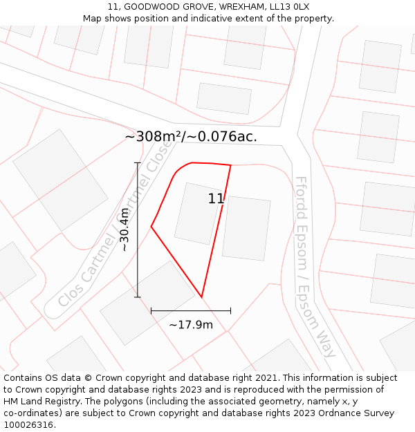 11, GOODWOOD GROVE, WREXHAM, LL13 0LX: Plot and title map