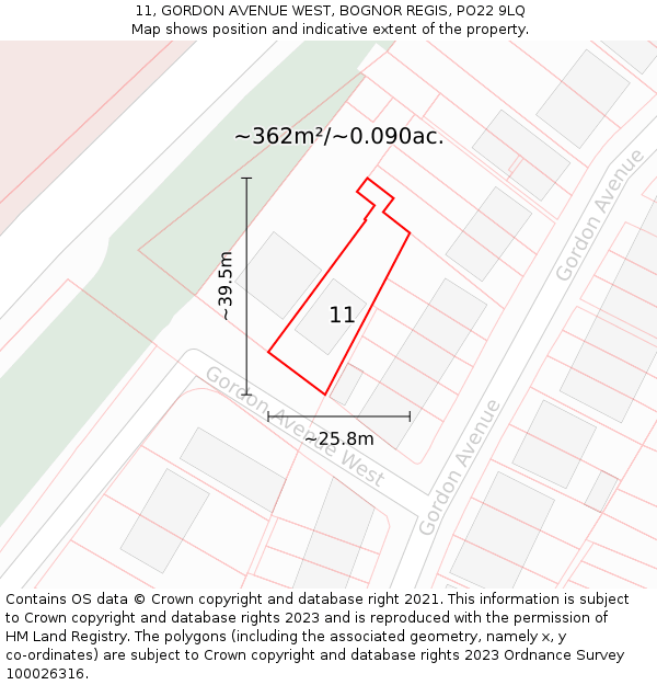 11, GORDON AVENUE WEST, BOGNOR REGIS, PO22 9LQ: Plot and title map