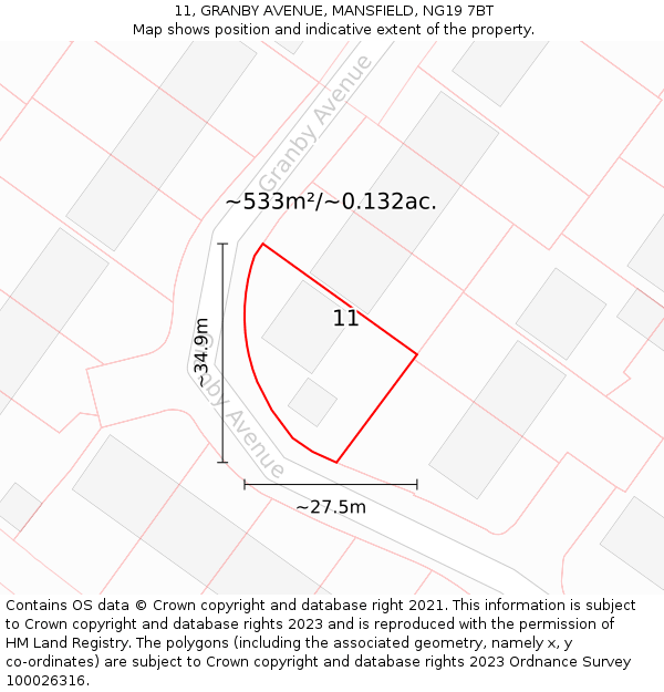 11, GRANBY AVENUE, MANSFIELD, NG19 7BT: Plot and title map