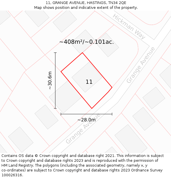 11, GRANGE AVENUE, HASTINGS, TN34 2QE: Plot and title map