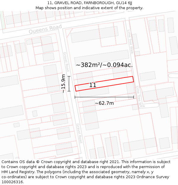 11, GRAVEL ROAD, FARNBOROUGH, GU14 6JJ: Plot and title map