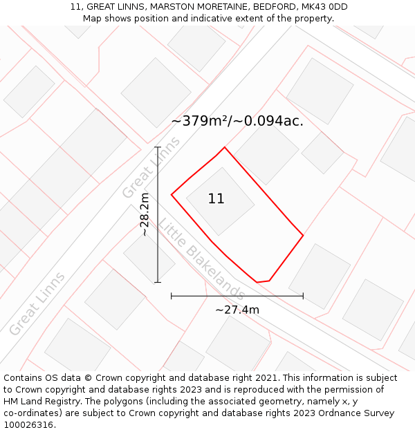 11, GREAT LINNS, MARSTON MORETAINE, BEDFORD, MK43 0DD: Plot and title map