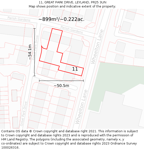 11, GREAT PARK DRIVE, LEYLAND, PR25 3UN: Plot and title map