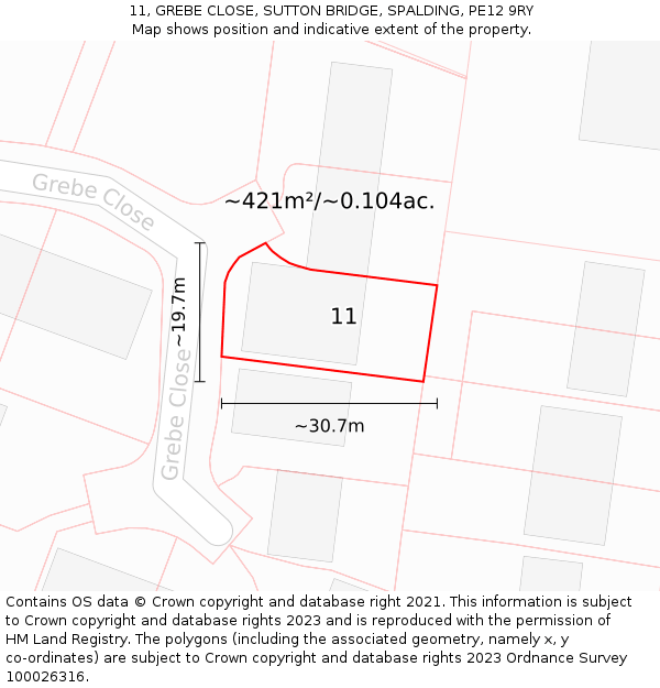 11, GREBE CLOSE, SUTTON BRIDGE, SPALDING, PE12 9RY: Plot and title map