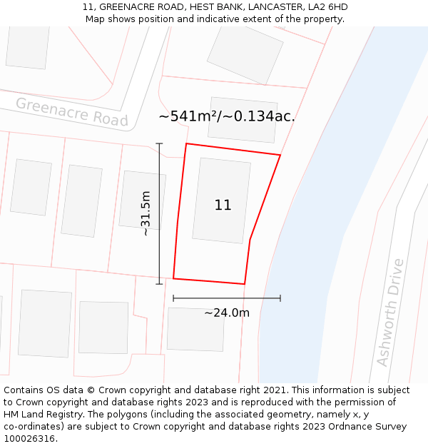 11, GREENACRE ROAD, HEST BANK, LANCASTER, LA2 6HD: Plot and title map