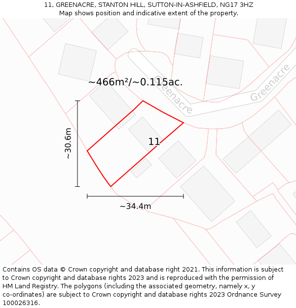 11, GREENACRE, STANTON HILL, SUTTON-IN-ASHFIELD, NG17 3HZ: Plot and title map