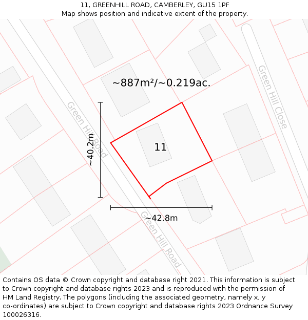 11, GREENHILL ROAD, CAMBERLEY, GU15 1PF: Plot and title map