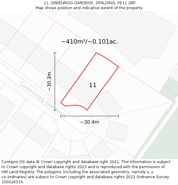 11, GREENRIGG GARDENS, SPALDING, PE11 2BP: Plot and title map