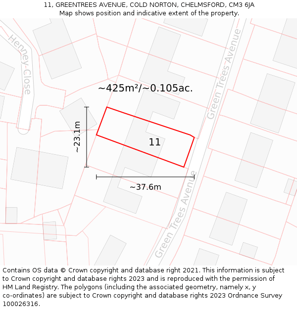 11, GREENTREES AVENUE, COLD NORTON, CHELMSFORD, CM3 6JA: Plot and title map