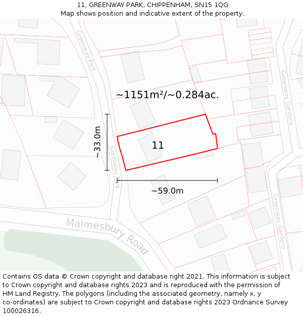 11, GREENWAY PARK, CHIPPENHAM, SN15 1QG: Plot and title map