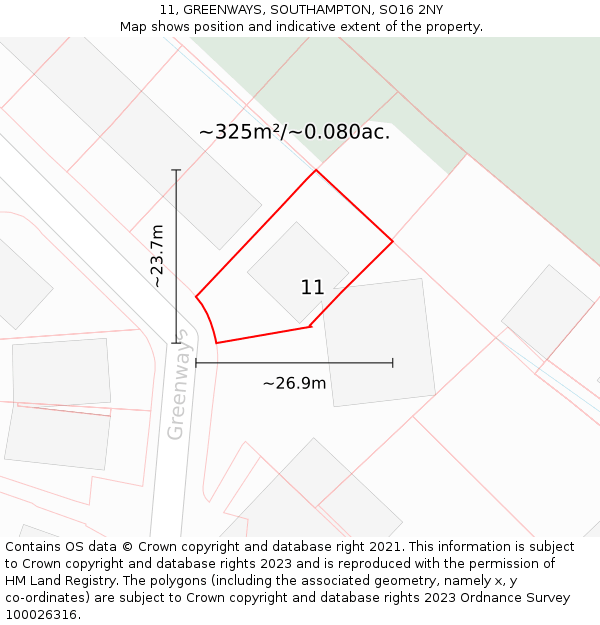 11, GREENWAYS, SOUTHAMPTON, SO16 2NY: Plot and title map