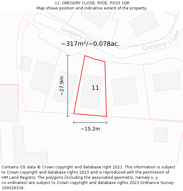 11, GREGORY CLOSE, RYDE, PO33 1QR: Plot and title map