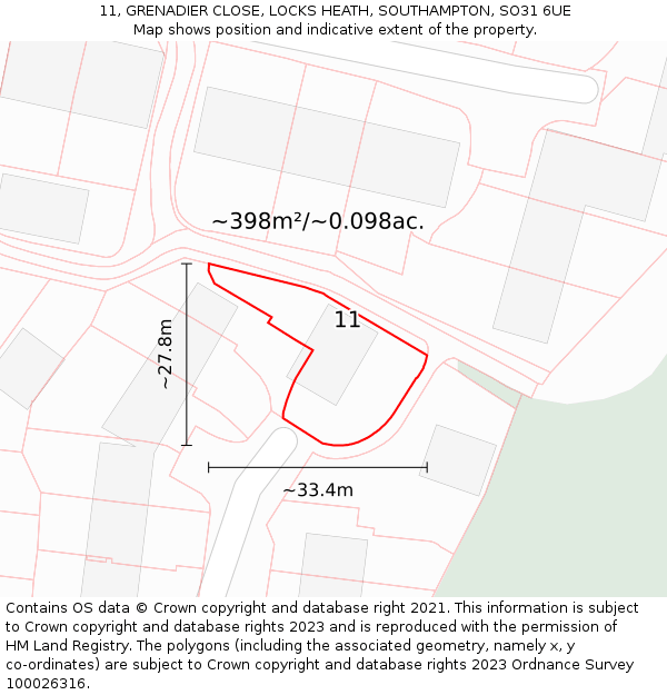 11, GRENADIER CLOSE, LOCKS HEATH, SOUTHAMPTON, SO31 6UE: Plot and title map