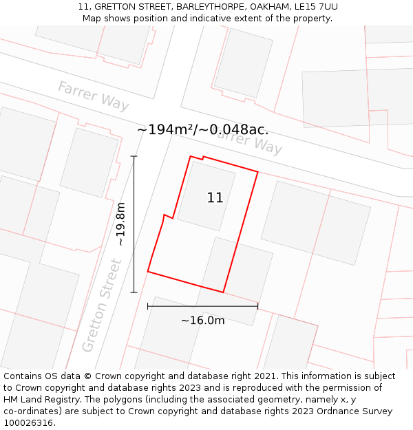 11, GRETTON STREET, BARLEYTHORPE, OAKHAM, LE15 7UU: Plot and title map