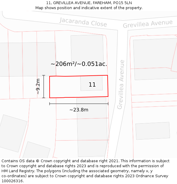 11, GREVILLEA AVENUE, FAREHAM, PO15 5LN: Plot and title map