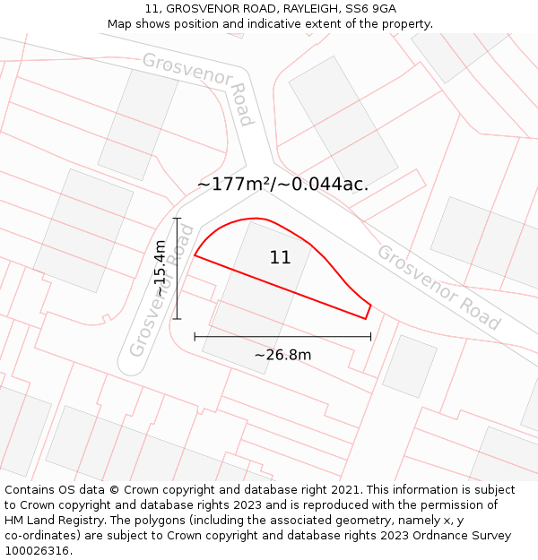 11, GROSVENOR ROAD, RAYLEIGH, SS6 9GA: Plot and title map