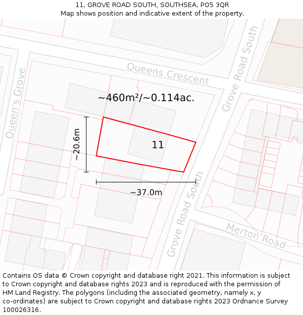 11, GROVE ROAD SOUTH, SOUTHSEA, PO5 3QR: Plot and title map