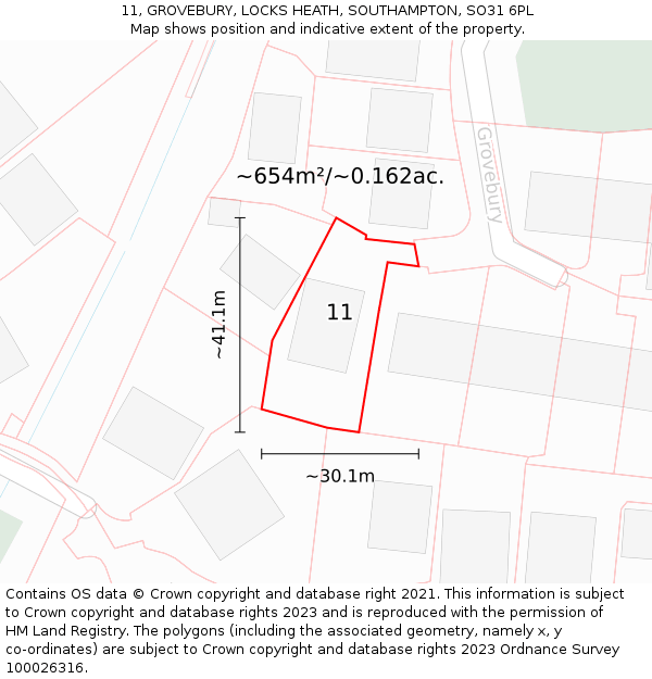 11, GROVEBURY, LOCKS HEATH, SOUTHAMPTON, SO31 6PL: Plot and title map