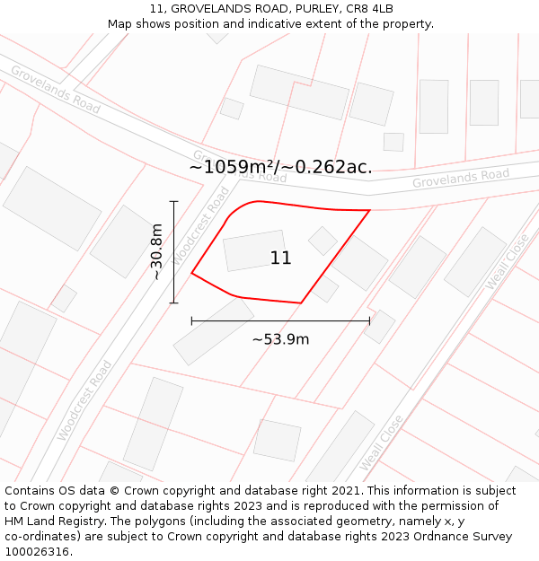 11, GROVELANDS ROAD, PURLEY, CR8 4LB: Plot and title map