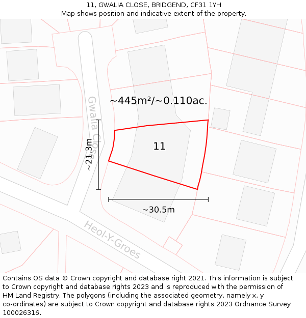11, GWALIA CLOSE, BRIDGEND, CF31 1YH: Plot and title map