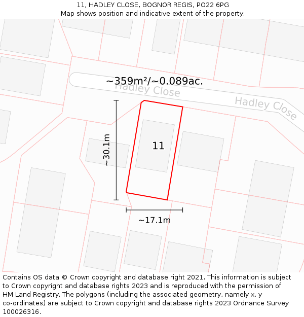 11, HADLEY CLOSE, BOGNOR REGIS, PO22 6PG: Plot and title map