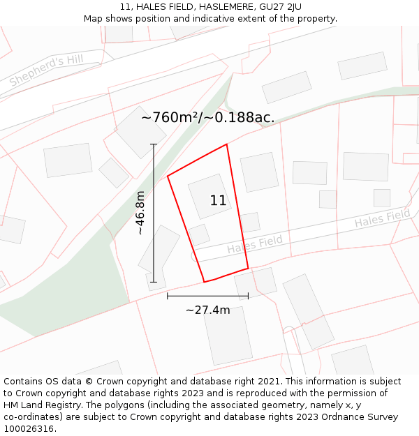 11, HALES FIELD, HASLEMERE, GU27 2JU: Plot and title map