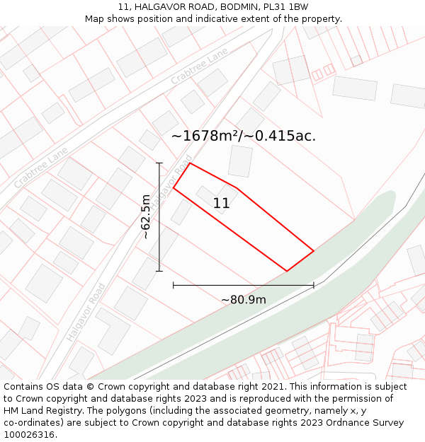 11, HALGAVOR ROAD, BODMIN, PL31 1BW: Plot and title map