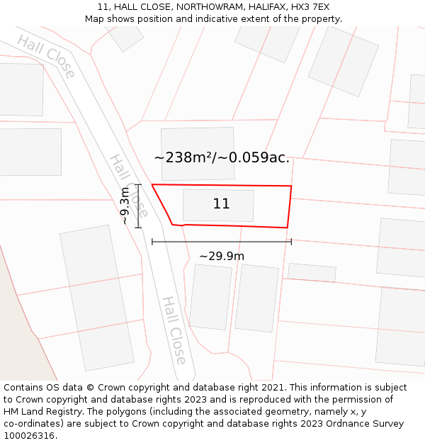 11, HALL CLOSE, NORTHOWRAM, HALIFAX, HX3 7EX: Plot and title map