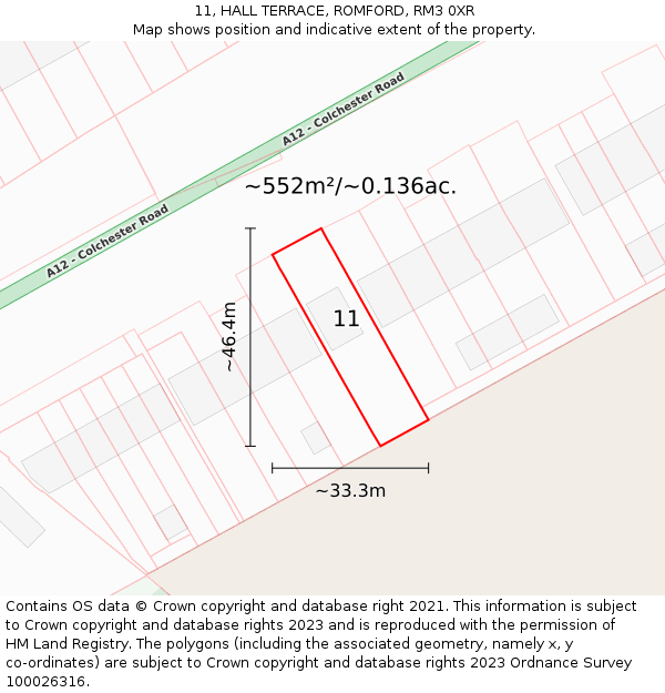 11, HALL TERRACE, ROMFORD, RM3 0XR: Plot and title map