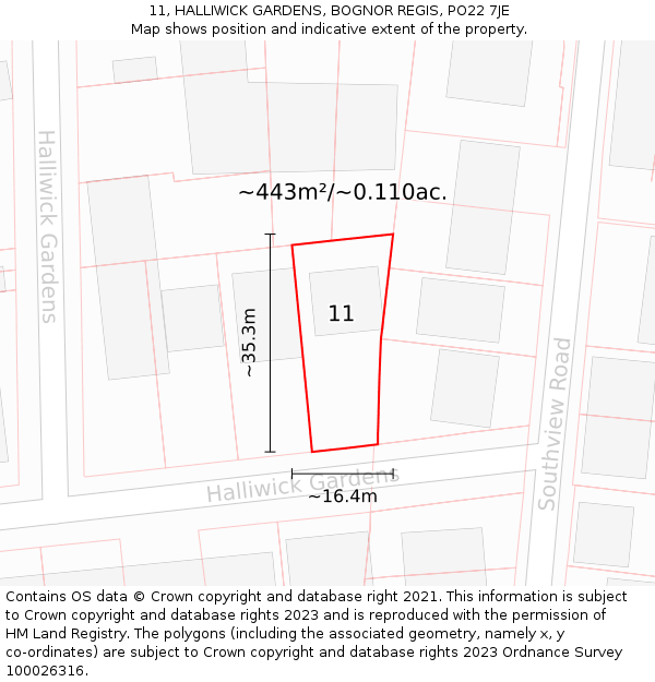 11, HALLIWICK GARDENS, BOGNOR REGIS, PO22 7JE: Plot and title map