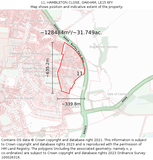 11, HAMBLETON CLOSE, OAKHAM, LE15 6FY: Plot and title map