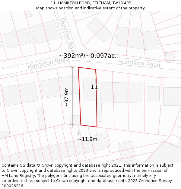 11, HAMILTON ROAD, FELTHAM, TW13 4PP: Plot and title map