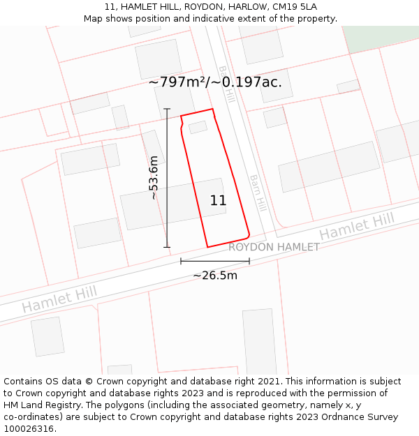 11, HAMLET HILL, ROYDON, HARLOW, CM19 5LA: Plot and title map