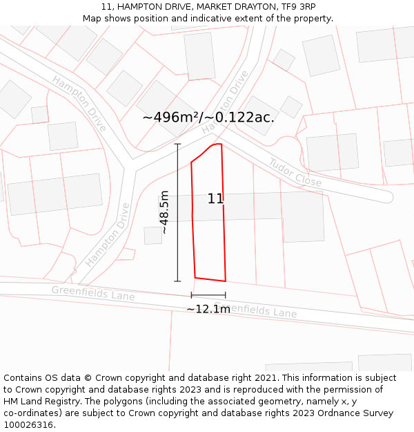 11, HAMPTON DRIVE, MARKET DRAYTON, TF9 3RP: Plot and title map