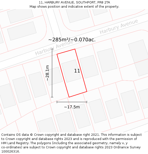 11, HARBURY AVENUE, SOUTHPORT, PR8 2TA: Plot and title map