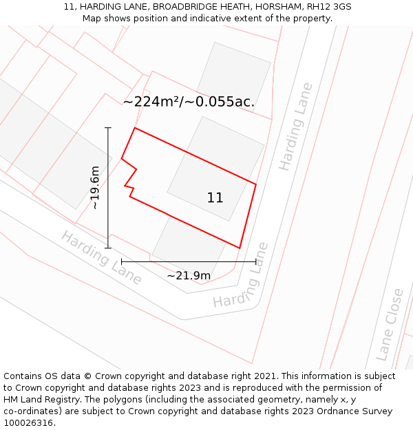 11, HARDING LANE, BROADBRIDGE HEATH, HORSHAM, RH12 3GS: Plot and title map