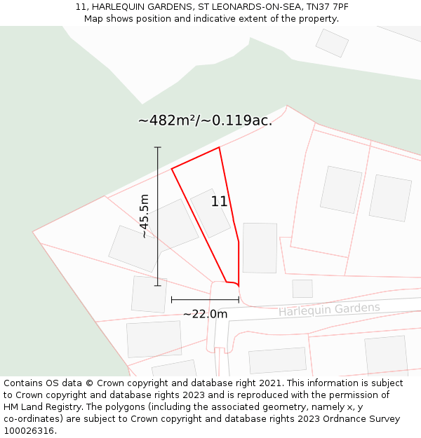 11, HARLEQUIN GARDENS, ST LEONARDS-ON-SEA, TN37 7PF: Plot and title map